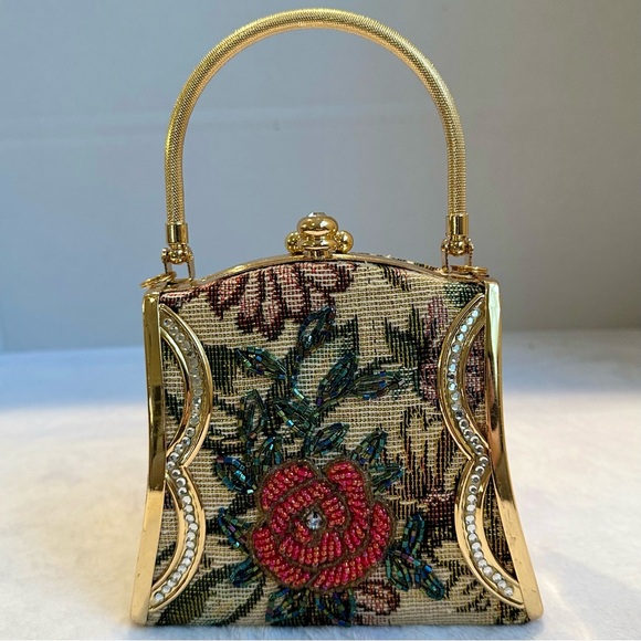 None Handbags - Vintage Beaded Tapestry Box Mini Hand Bag Evening Purse Gold Tone Floral
